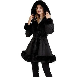 VEGAN Suede Black Faux Fur WARM WINTER JACKET Princess Coat with Hood MED